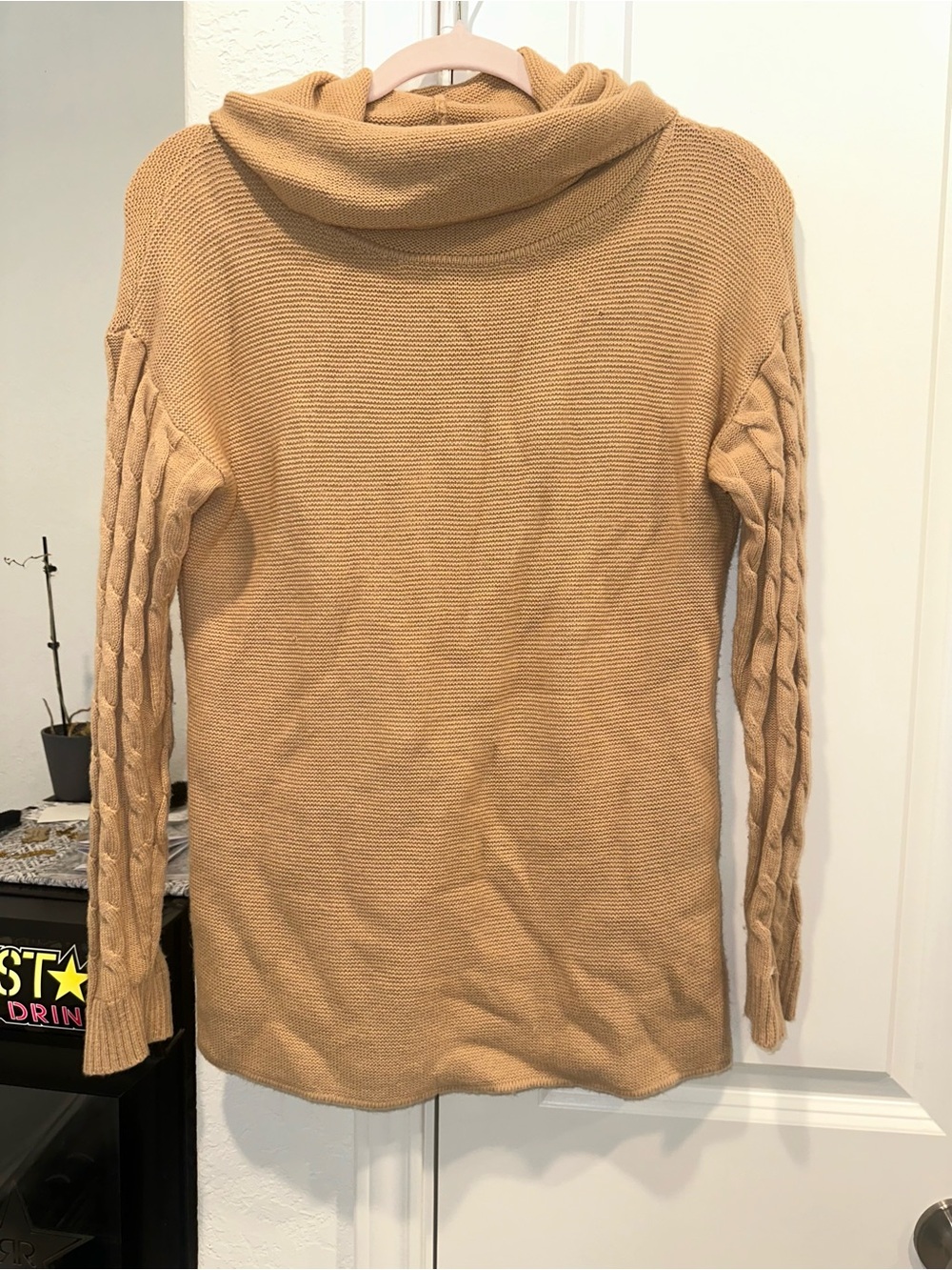 Talbots Small Tan Brown Lambswool Cable Knit Turtleneck Mature Winter Sweater